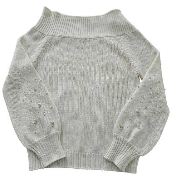 Elan Cream Balloon Sleeve Off the Shoulder Sweater. Pearls on sleeves. Size S - Picture 3 of 6